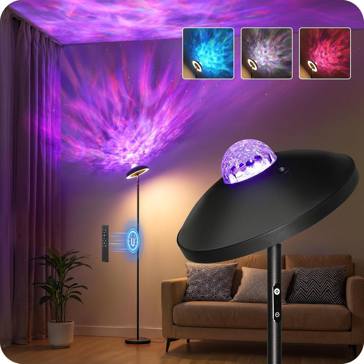 LED Floor Lamp with RGB Galaxy Projector, 18W Double Sided Corner Light Rotatable, Dimmable Standing Lamp with Remote, Black Modern Lamp for Living Room, Bedroom, Kids Room, Gaming B14LD05