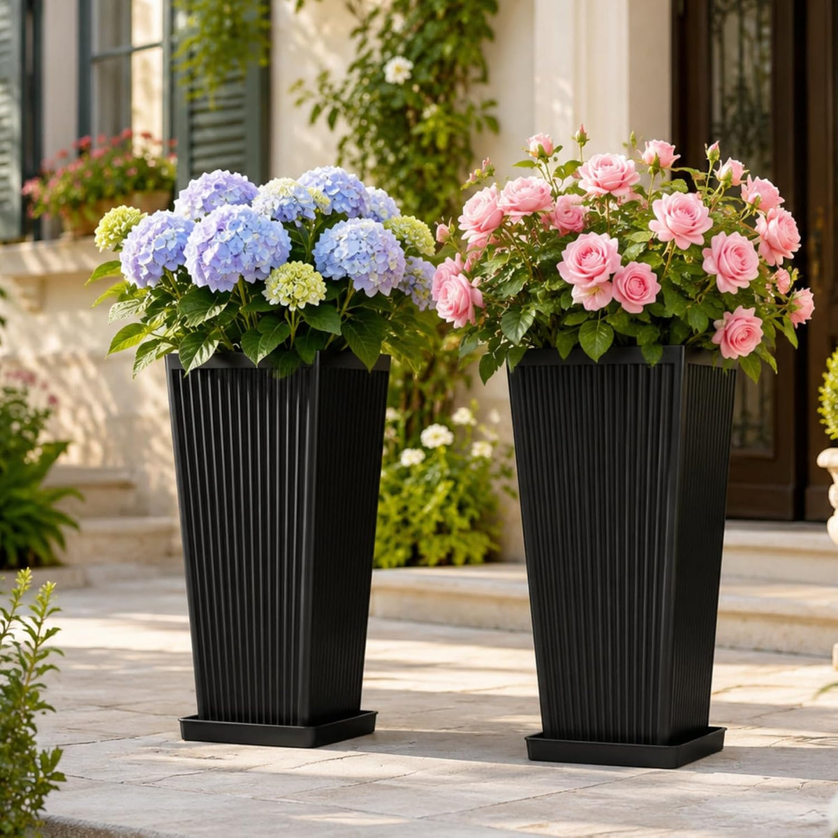 Nicbex 24" Tall Planters for Outdoor Plants Set of 2 Square Fluted,Black