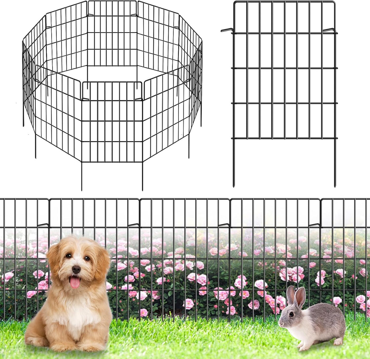 30 Pack Decorative Garden Fence Total 32.5Ft (L) X 24In High 1.44" Gap Metal Wire Rustproof Small Animal Barrier Fence Easy Assembly Patio Yard Seedlings Protection Fencing Border Black