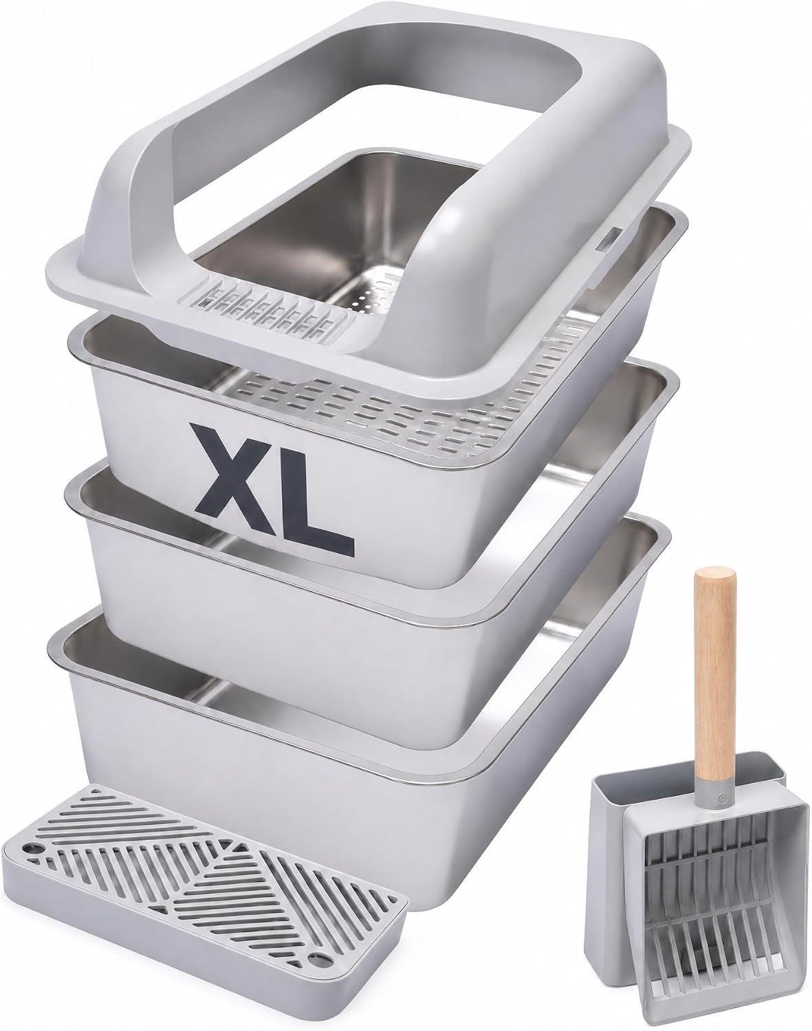 XL Stainless Steel Sifting Cat Litter Box with High Sides and Odor Control