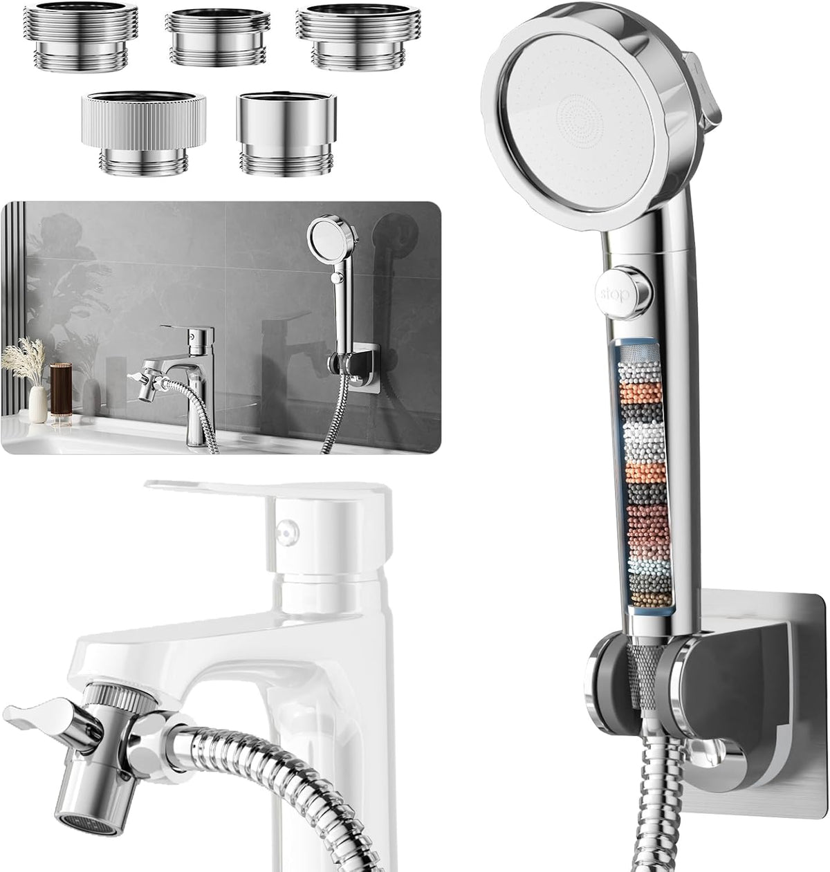 Sink Hose Sprayer Attachment for Faucet, 5 Adapters, Chrome