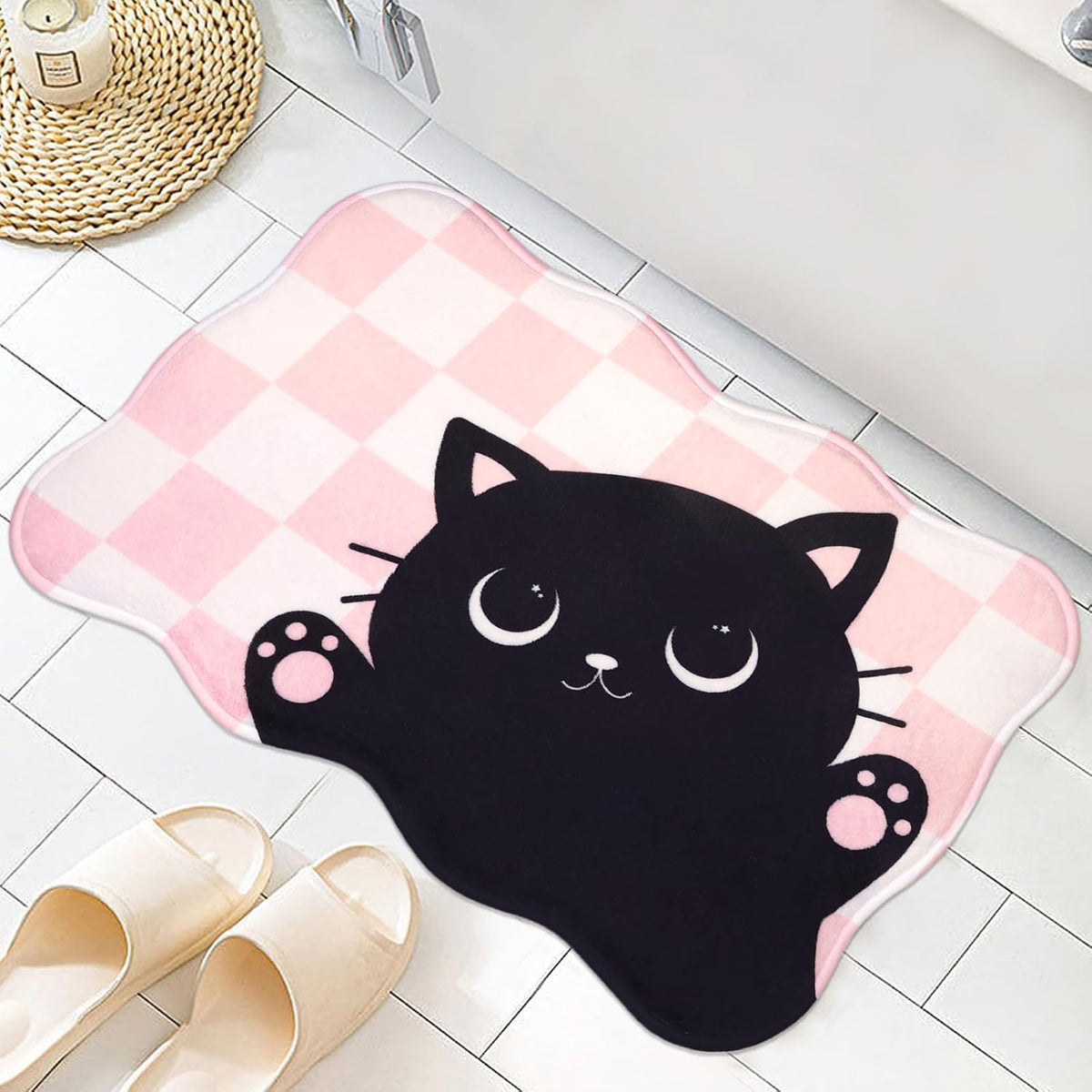 Memory Foam Bath Mat Rug 16" X 24",Soft and Non-Slip Black Cat Rugs,Machine Washable Cute Bathroom Rug for Tub,Shower and Floor,Pink