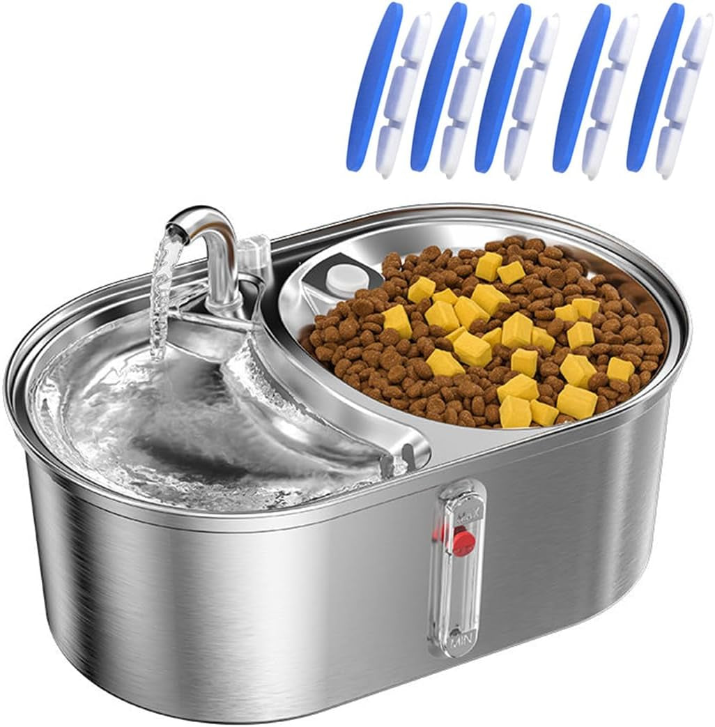Dual Bowl Cat Water Fountain 3L/101Oz,Stainless Steel Pet Drinking Fountain,2-In-1 Cat Bowls for Food-Wate(Water-Water),Ultra-Silent Automatic Dog Water Dispenser with Pump and 5 Filters