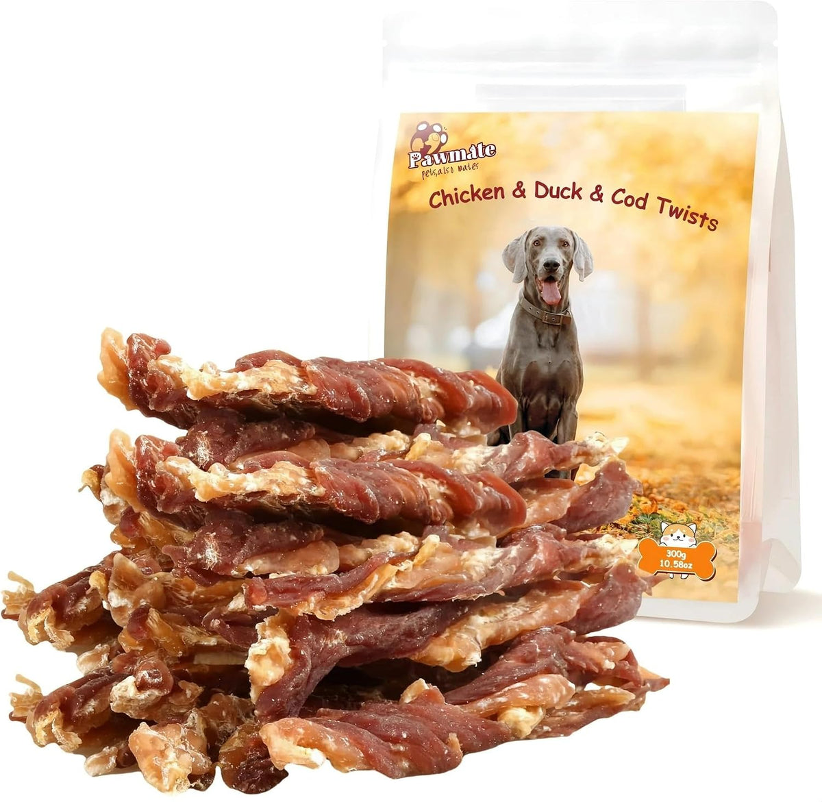 Pawmate Dog Treats 5 Inch Chicken Duck Wrapped Cod Twisted Sticks 10.6Oz