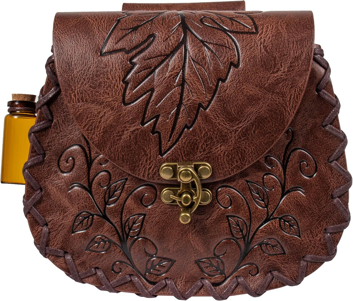 Retro Belt Pouch Medieval Retro Faux Leather Renaissance Costume Forest Elf Leaf Belt Bag Ren Faire Casual Waist Bag (Brown)