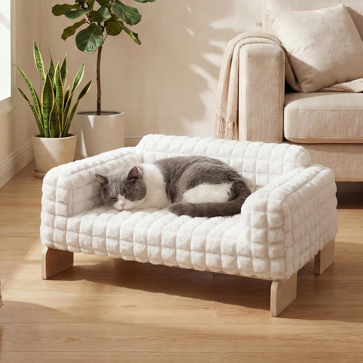 Veehoo Elevated Cat Bed Indoor, Wood Furniture Style Cat Couch Sofa with Removable Washable Cover, Cute & Fluffy Small Cats Bed Furniture for Home