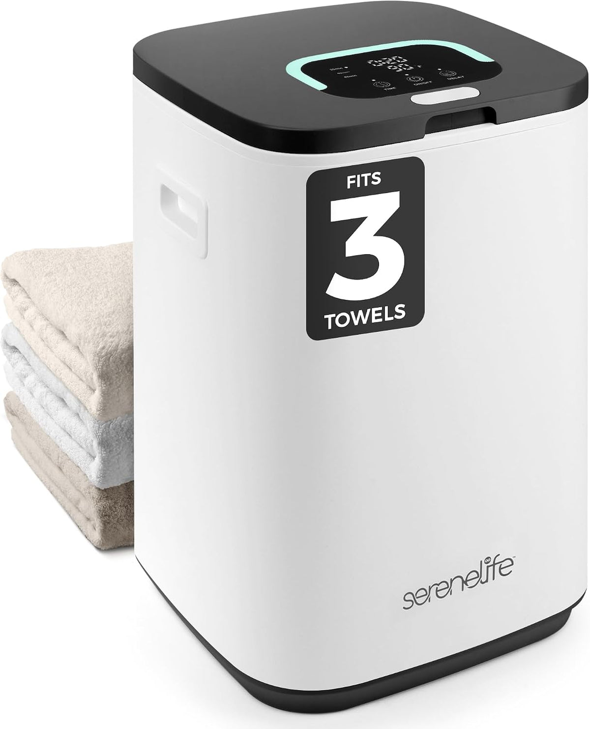 Serenelife Towel Warmer Bucket - Compact 23L Bathroom Towel Heater with Essential Oils Disc Holder, Adjustable Timer, Auto Shut-Off, Power Cord Storage & LED Display, Fits 2 Oversized Towels (Black)