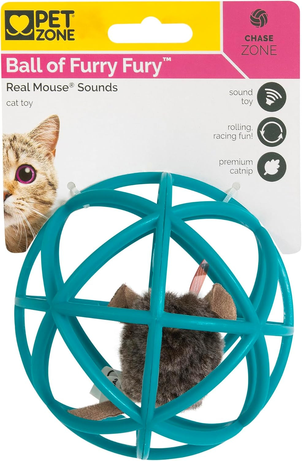 Pet Zone Ball of Furry Fury Catnip Cat Toy with Real Mouse Sounds, in Teal
