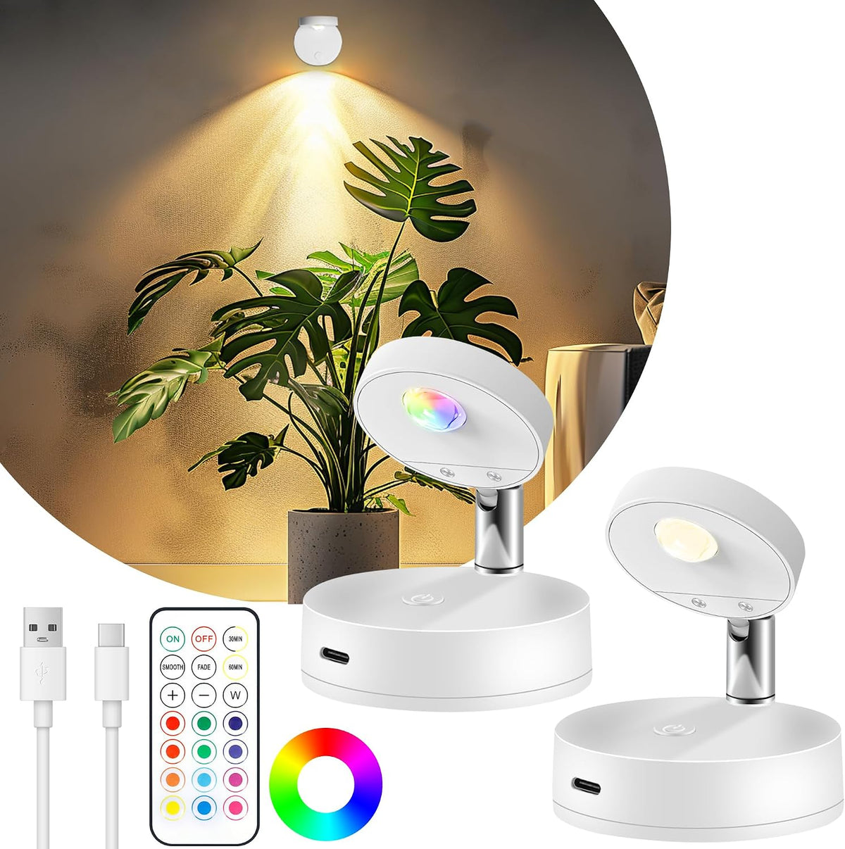 2 Pack Rechargeable LED Spotlight Indoor, Battery Powered Grow Light