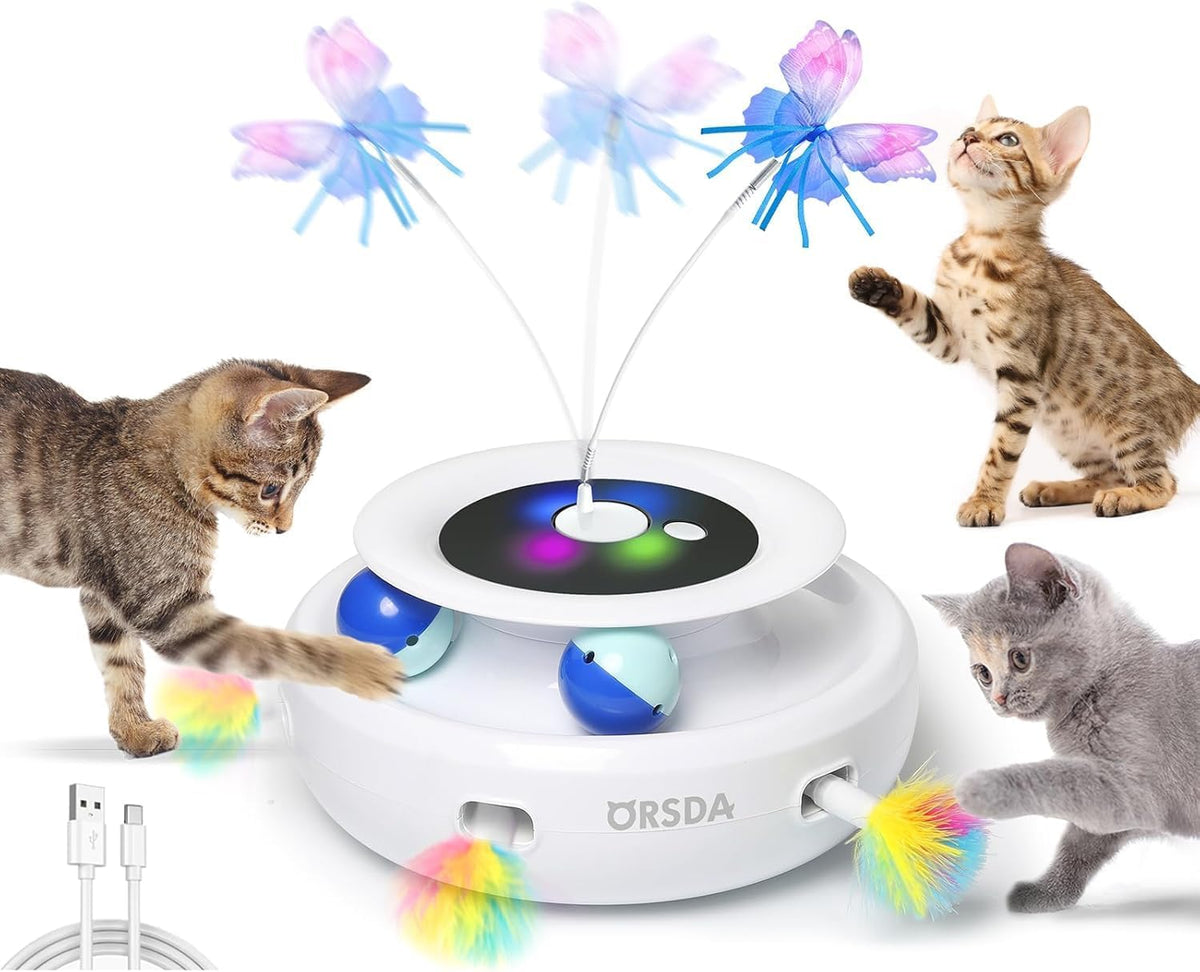 ORSDA Cat Toy, 3-In-1 Automatic Interactive Electronic Moving Ambush Feather, Fluttering Butterfly, Track Balls, USB Rechargeable Powered Smart Indoor Exercise Kicker