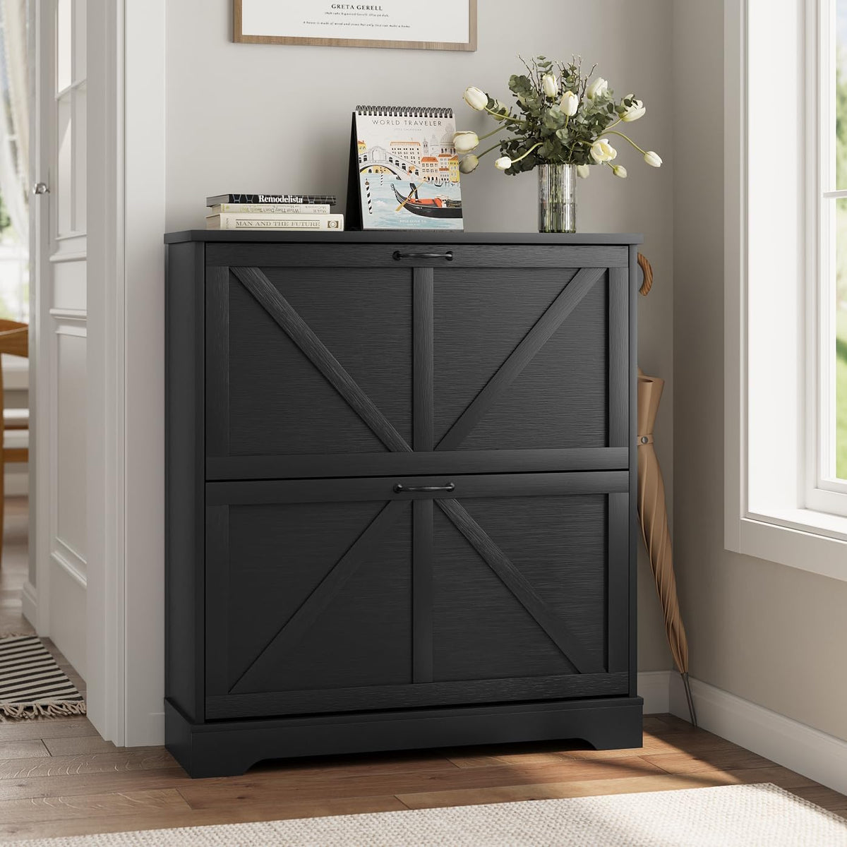 Smart FENDEE Shoe Cabinet, Shoe Storage Cabinet for Entryway with 2 Flip Drawers, Narrow Farmhouse Shoe Organizer Cabinet, Slim Shoe Rack Cabinet, 31.5In Black