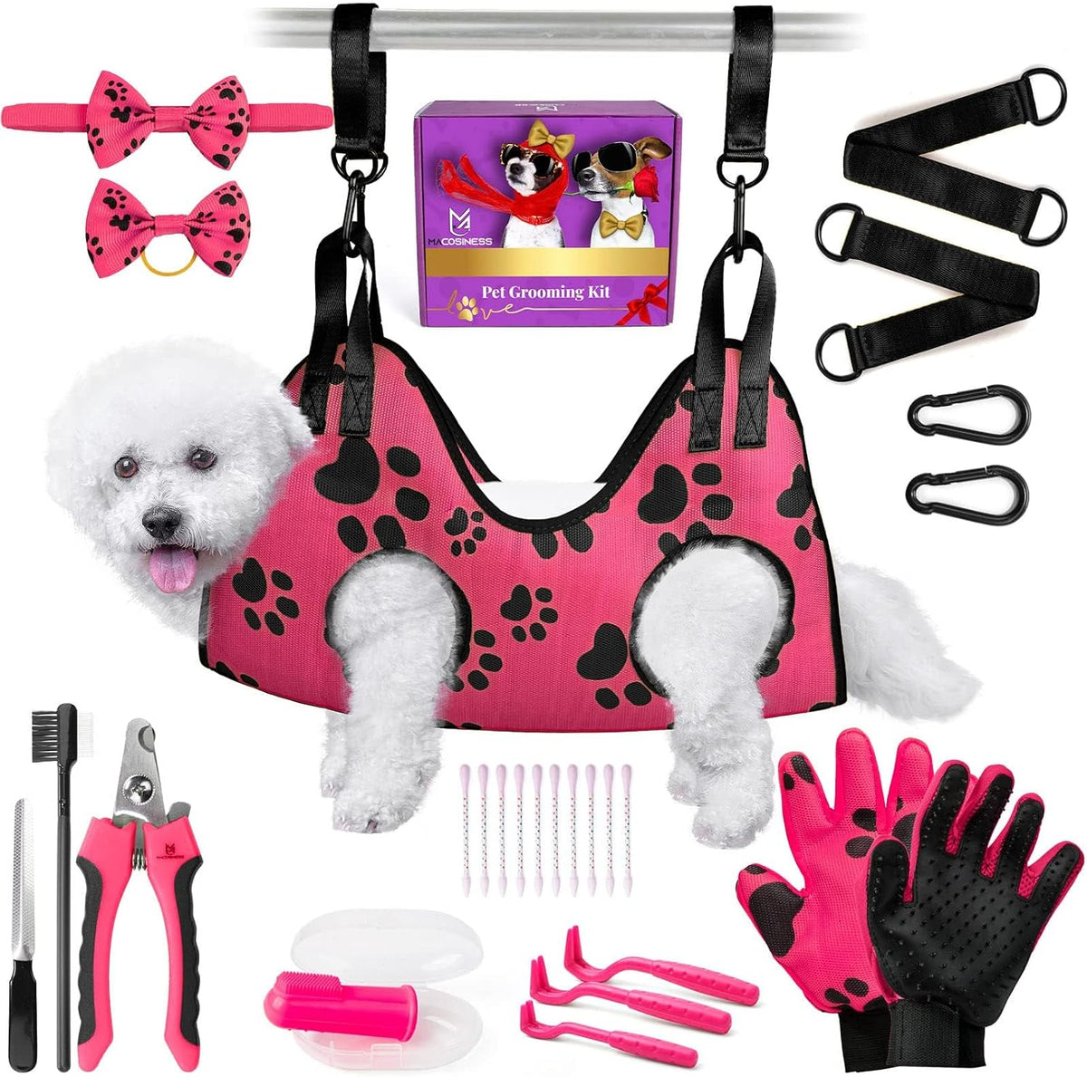 Pet Grooming Hammock for Nail Trimming - Complete Groomers Helper Set for Pet - Dog Grooming Hammock with Hook - Cat Nail Clipper - Dog Hammock for Nail Clipping (S, Pink with Black Paws)