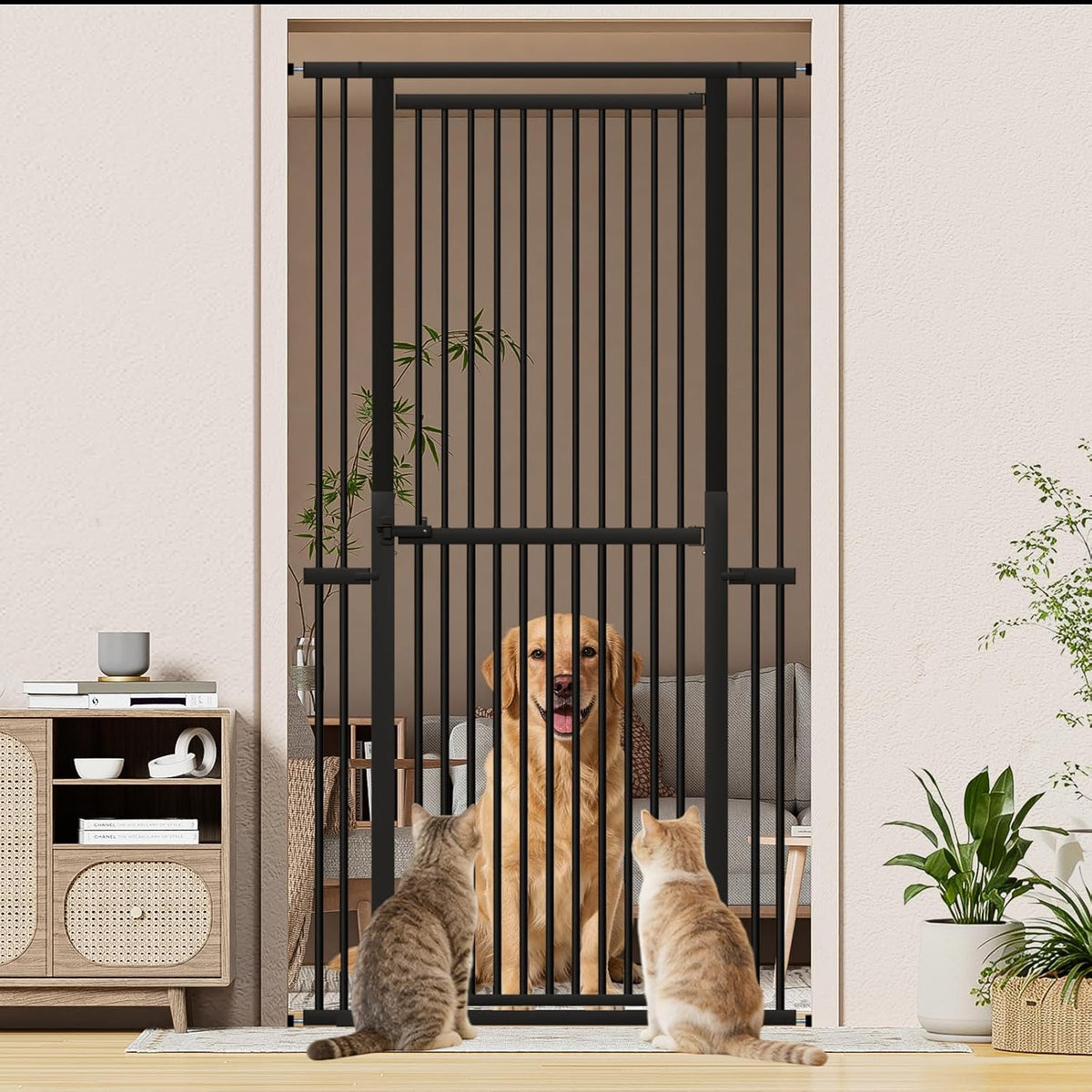 Snuowu 51"-87" Extra Tall Pet Gate for Cats, 29.5"-40.5" Wide Pressure Mounted No-Drilling Safety Dog Gate, Metal Walk-Thru Barrier for Doorways, Stairs, Kitchens, Black