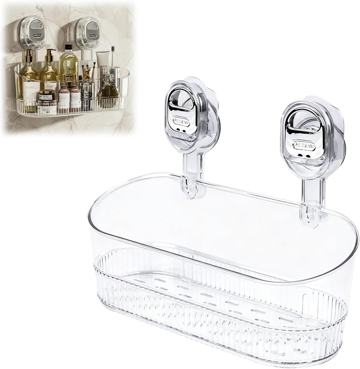 No Drill Clear PET Lock Suction Storage Caddy with Drain Holes