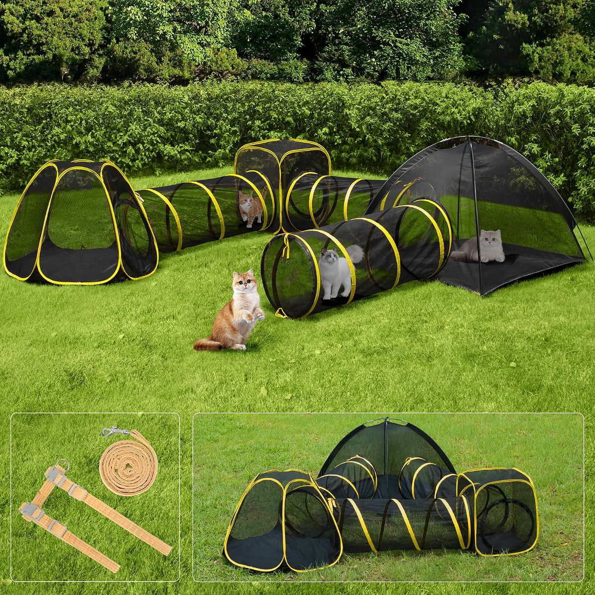VIVOHOME 6-In-1 Outdoor Cat Enclosure with Playhouse, 2 Tents & 3 Tunnels