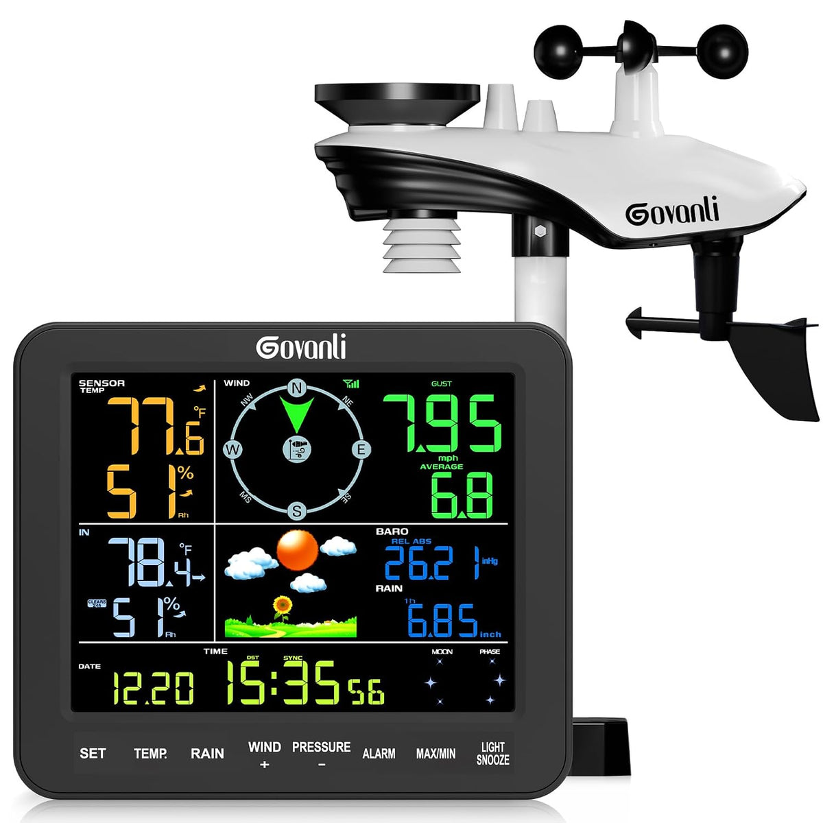 Wireless Weather Station, Indoor Outdoor Weather Station, 12-In-1 Home Weather Station with 7.5" HD Color Display, Rain Gauge, Wind Speed, Temperature, Humidity, Barometric Pressure & Weather Forecast