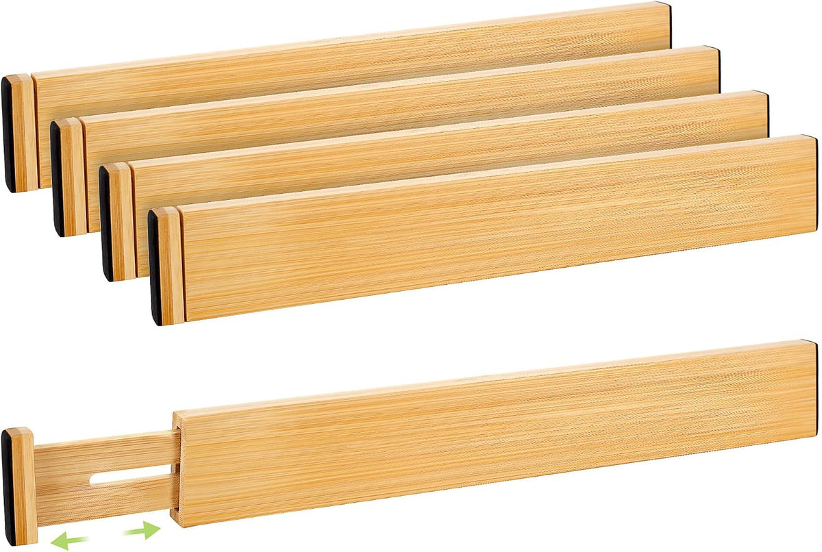 Fyvva Drawer Organizer, Spring-Loaded Expandable Bamboo Dividers 4-Pack