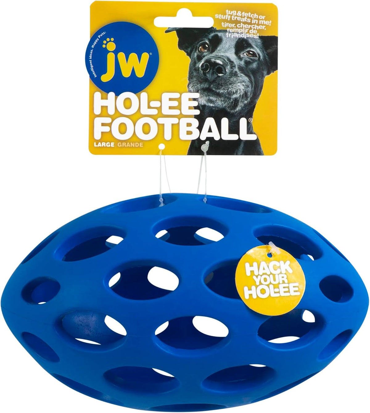 JW Pet Hol-Ee Football Dog Toy Puzzle Ball, Natural Rubber, Large (9 Inch Length), Colors May Vary