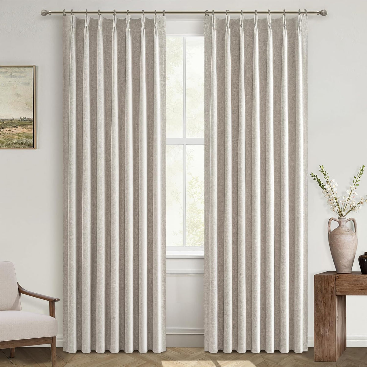 Natural Linen Pinch Pleat Blackout Heavy Bedroom Curtain 40"Wx90"Lx2 Panels