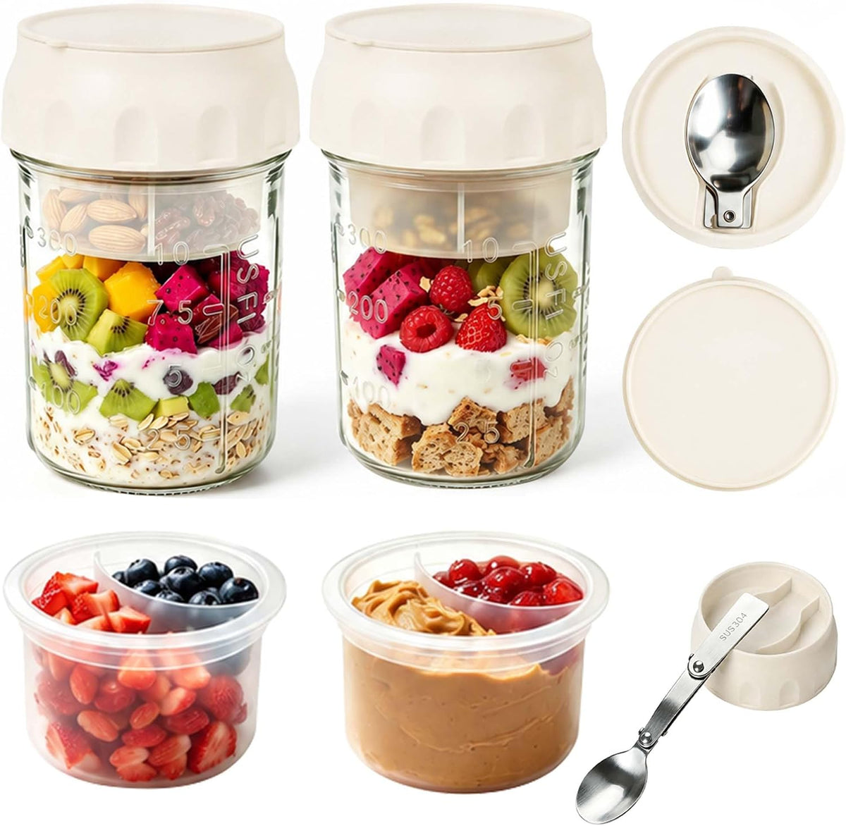 2 Pack Overnight Oats Containers with Lids & Foldable Spoon, 16Oz Glass Oatmeal Jars with Divided Compartment, Portable Meal Prep Yogurt Parfait Cups for Breakfast