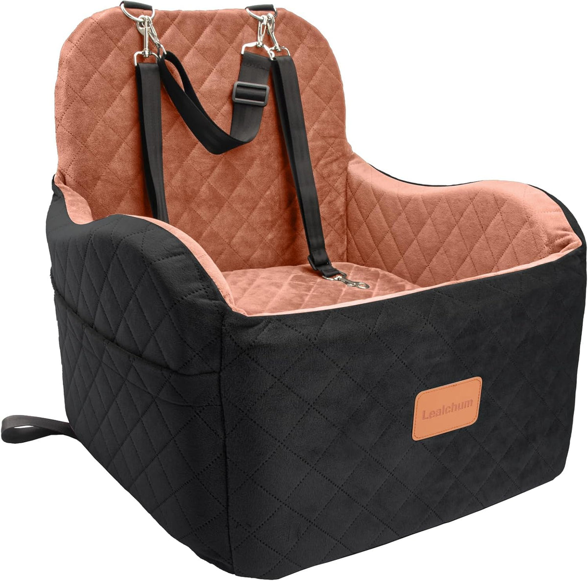 Lealchum Dog Booster Car Seat for S/M Dogs up to 35Lbs,Soft 6In Elevated Cushion,Fits in Front/Back Seat,Fully Detachable and Washable,2 Storage Pockets & 3 Straps,Easy to Install (Black/Brown,Medium)
