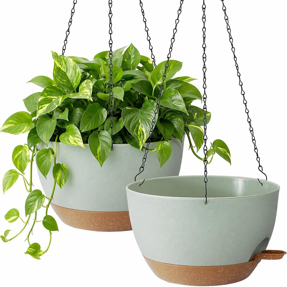 TYMENSH Hanging Plant Pots 12 Inch Set of 2, Self Watering, Drainage Holes, Removable Saucer, Durable Plastic with Chains, Indoor Outdoor, Green