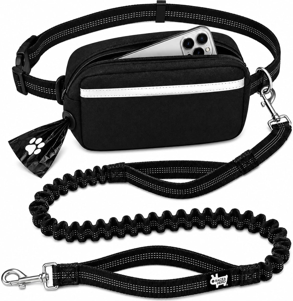 Race&Herd Hands Free Dog Leash with Zip Pouch — Bungee Waist Belt (Onyx)