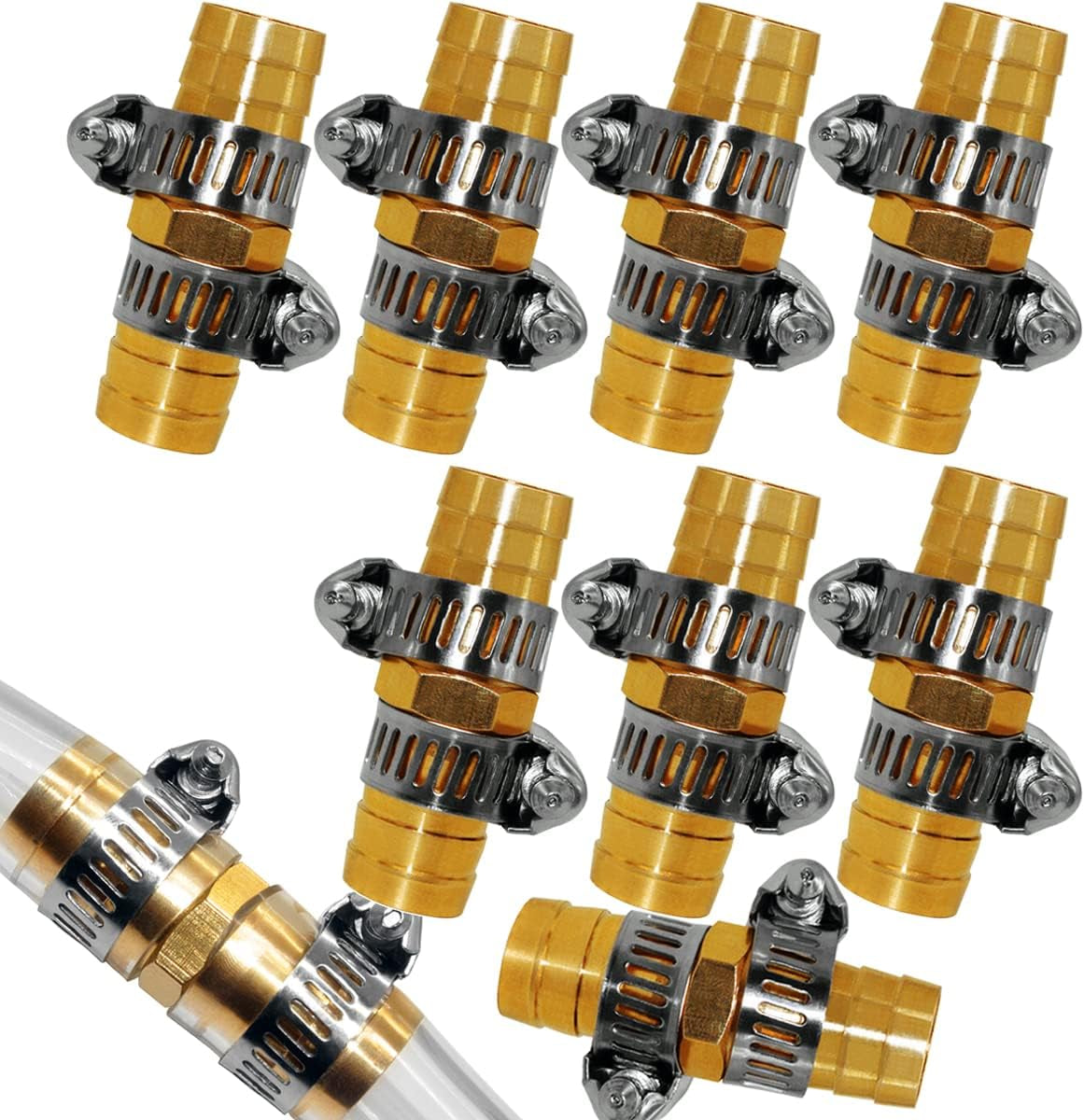 8Pcs 5/8 Inch Garden Hose Repair Mender Brass with 16Pcs Clamps