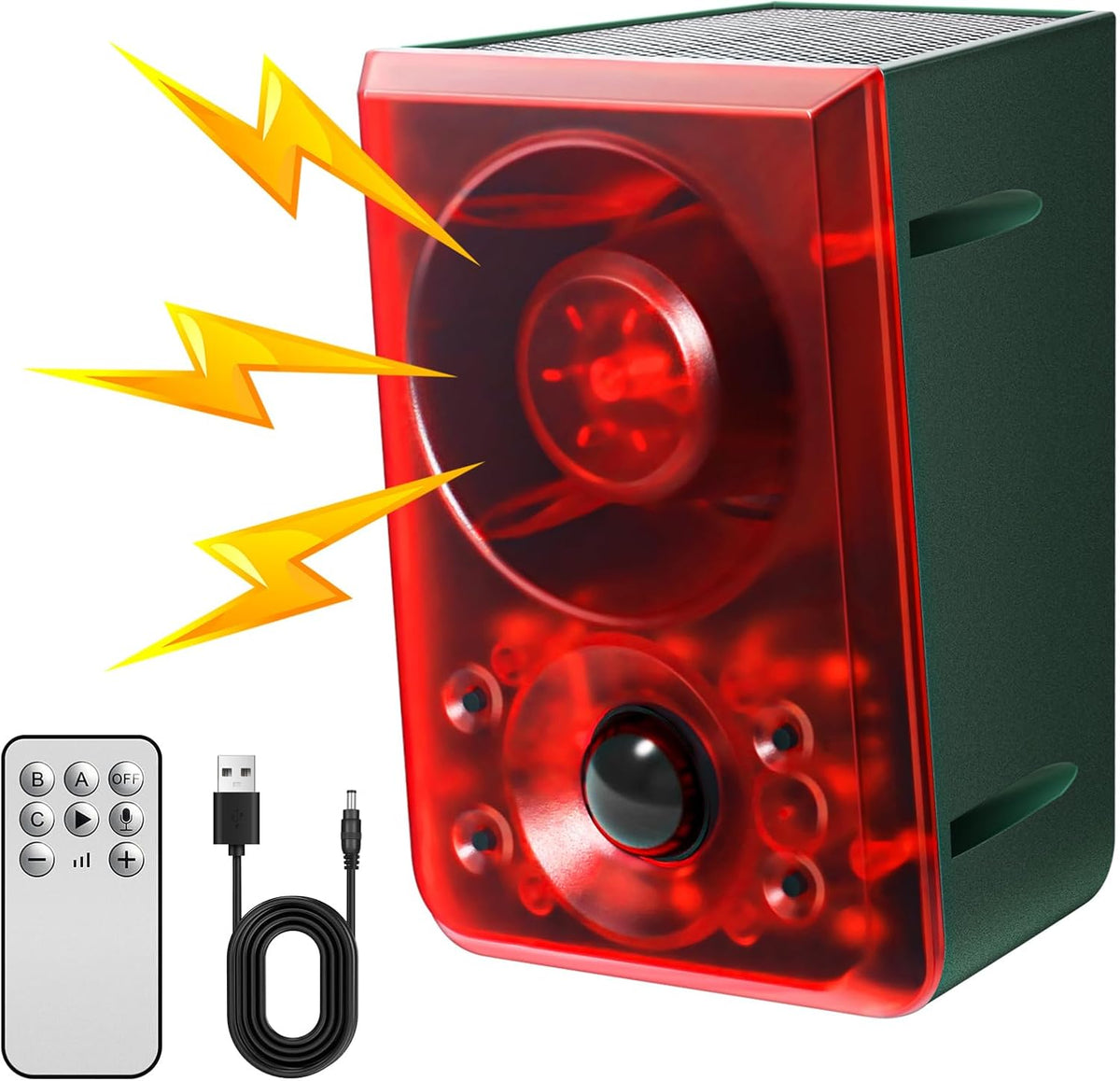 Solar Outdoor Motion Sensor Alarm - Dog Barking & Gunshot Sound, Support Recording and Volume Adjustment, 130Db Noise with Flashing Light to Deter Raccoon, Deer, Skunk, Bear, Coyote