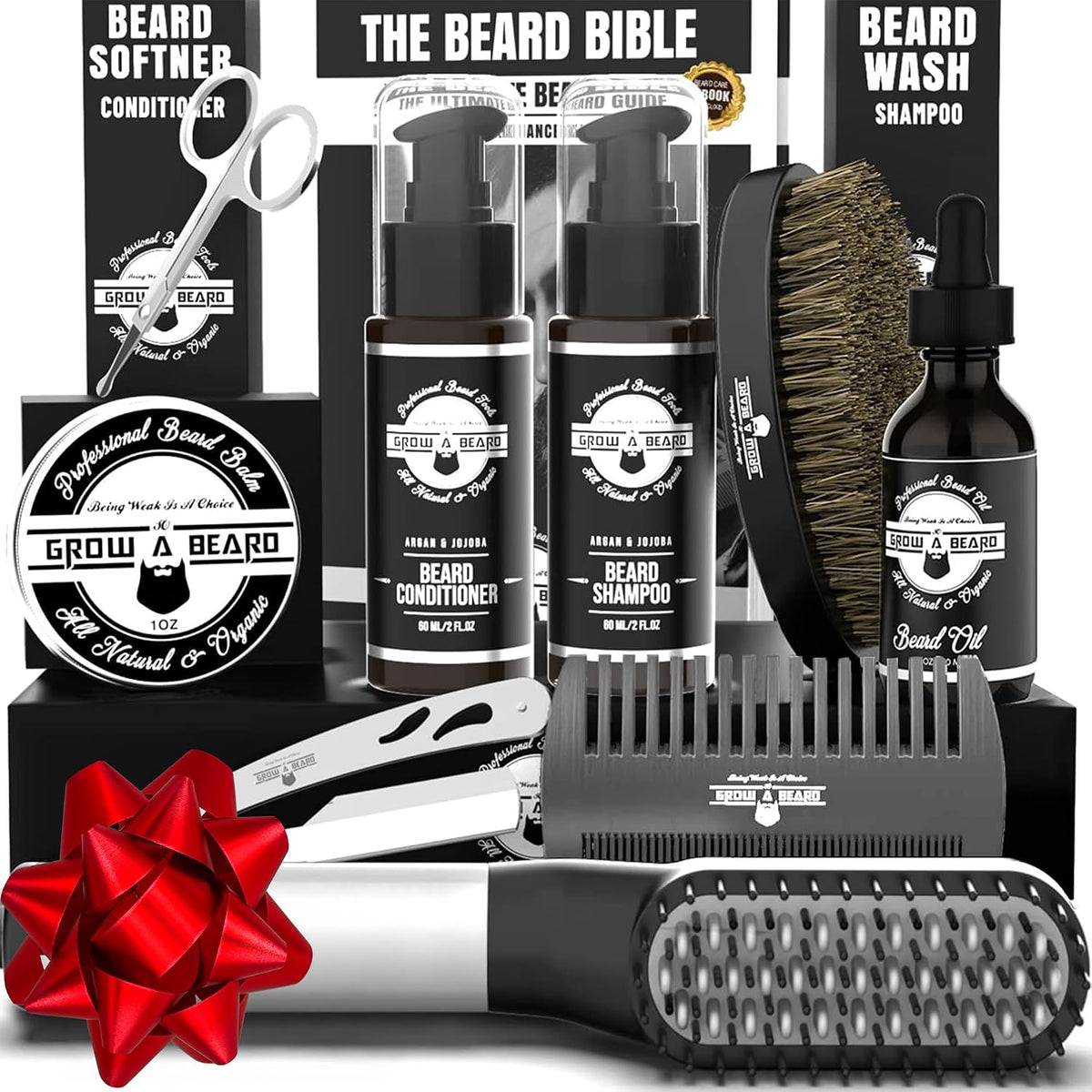 Beard Straightener Grooming Kit for Men, Beard Growth Kit, Wash, Brush & Comb, Unscented Growth Oil, All Natural Sandalwood Balm, Conditioner, Razor & Scissors, Great Gift Idea for Men'S (Black)