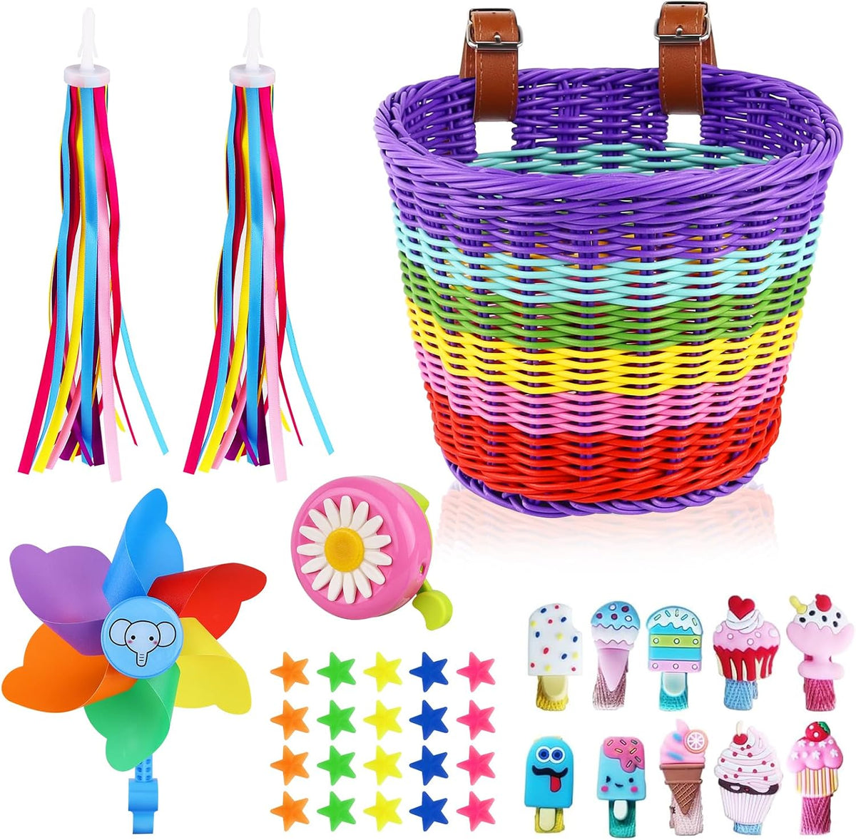 Kids Bike Basket, Detachable Bike Basket for Girls with Colorful Bicycle Streamers, Bicycle Bell, Windmill, Wheel Beads