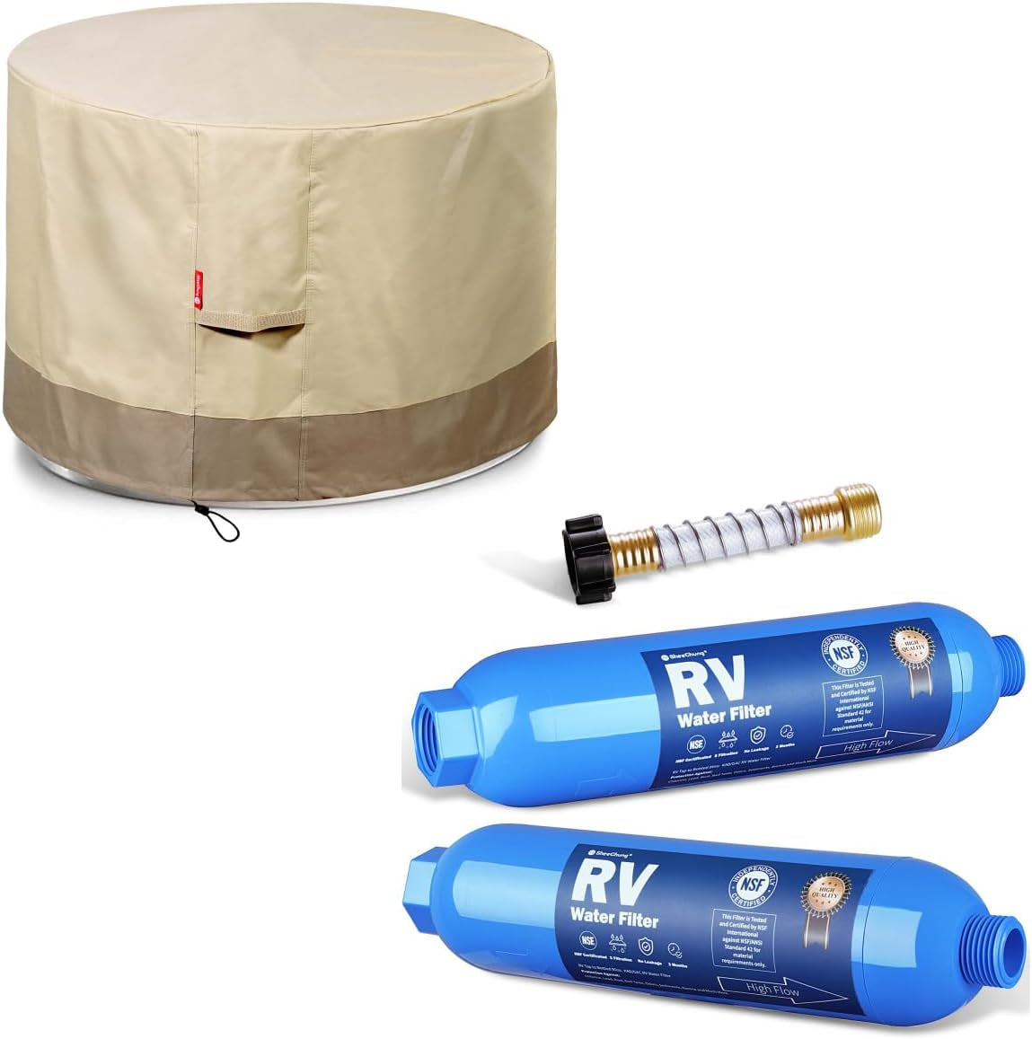 Round Gas Fire Pit/Table Cover and RV Water Filter 2 Pack with Flexibel Hose Protector, Fits 30",32",33",34",35"And 36" Firepit/Bowl Cover,36"Dia X 24"H Beige
