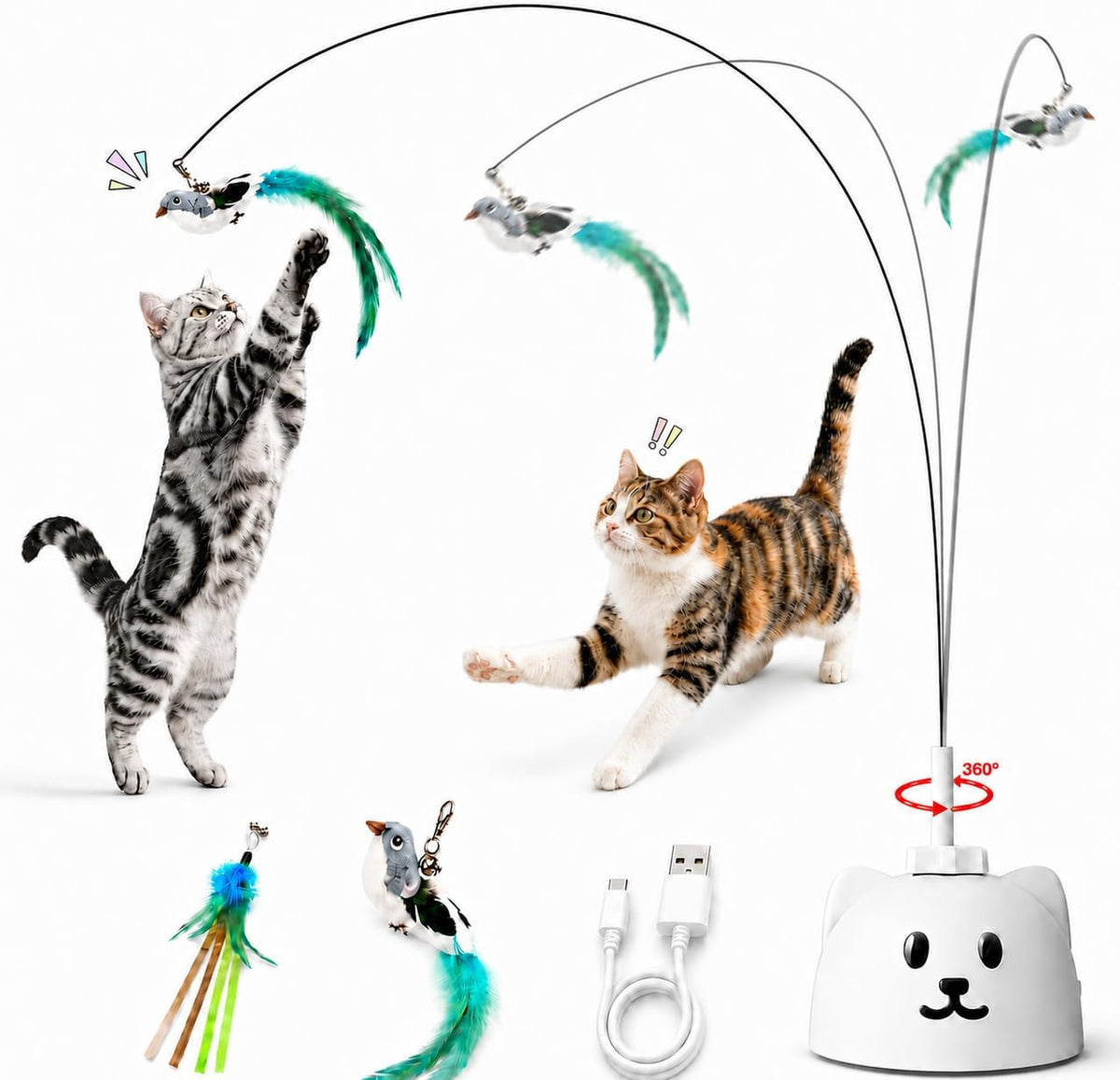 Interactive Cat Toys for Indoor Cats, Automatic Flying Bird Cat Toy with 360° Feather Wand, Strong 8Cm Suction Cup, USB Rechargeable Self-Play Cat Toy for Bored Kittens & Adult Cats