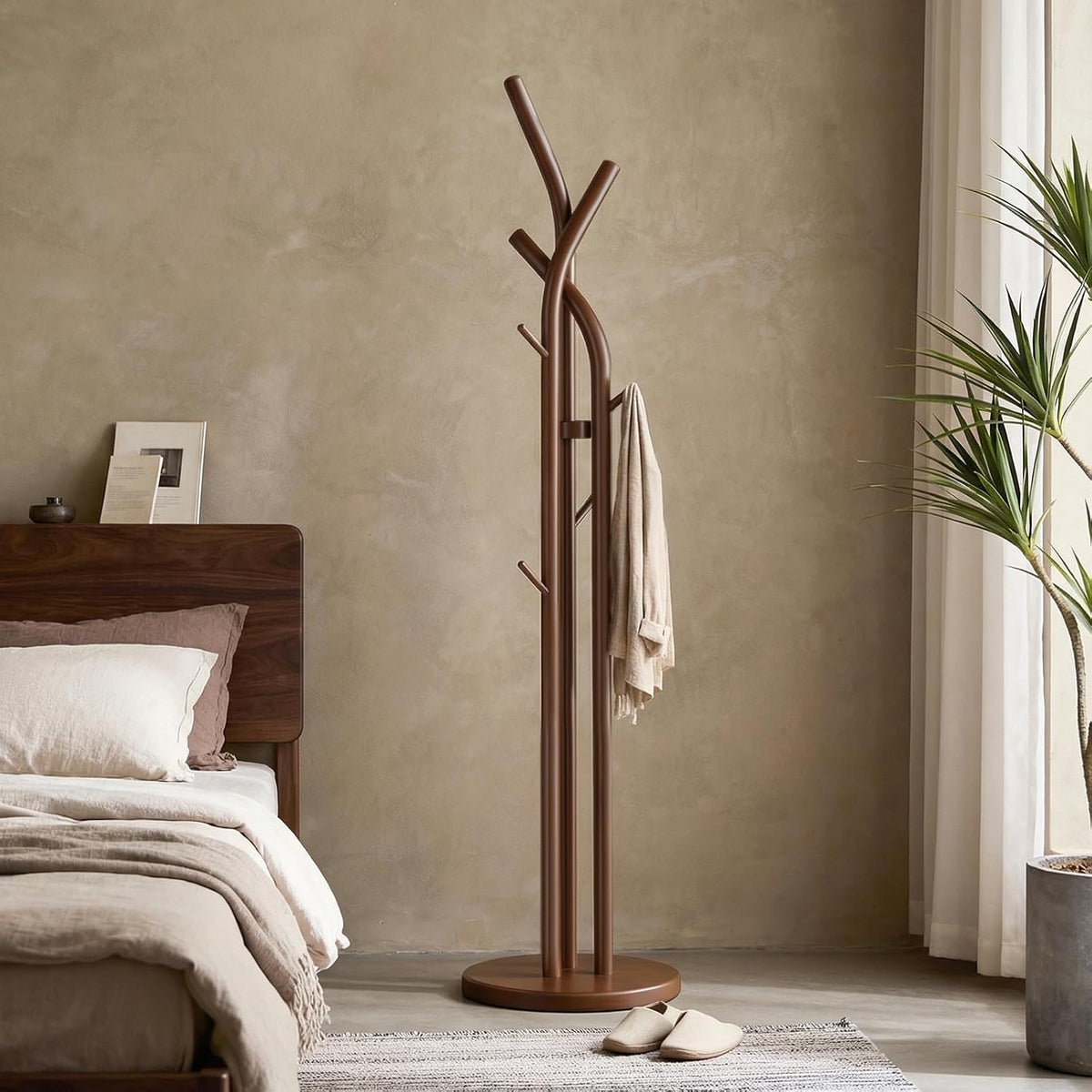 Solid Wood Coat Rack Freestanding Wood Coat Tree Rack with 9 Hooks, Creative Tree-Shaped Design, Standing Coat Rack Clothes Hanger Stand with Sturdy Base for Entryway, Bedroom - Load 150Lb (Walnut)