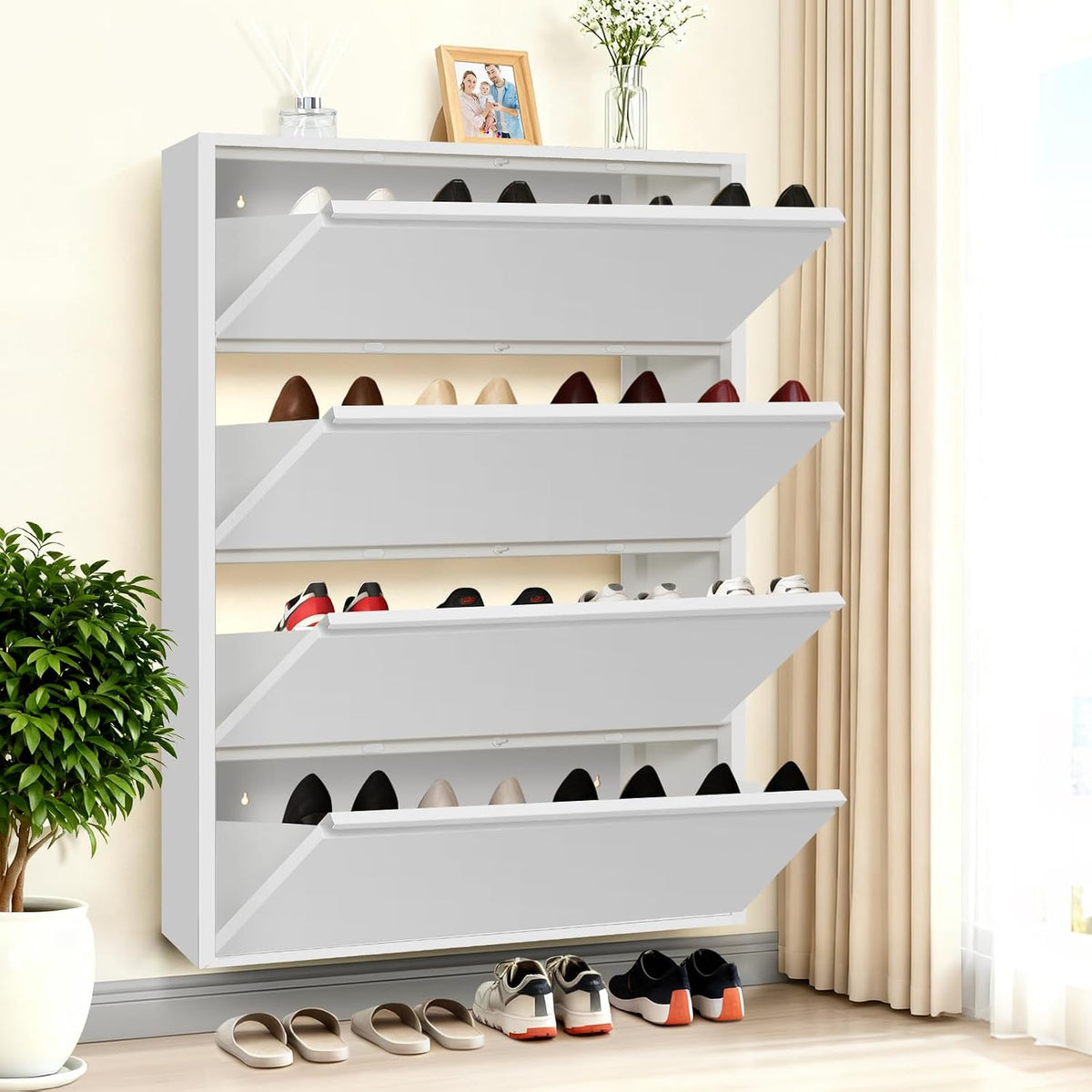 Shoe Storage Cabinet with 4 Flip Drawers, Hidden Slim Narrow Shoe Rack Cabinet, Wall Mount Metal Shoe Cabinet for Entryway, White