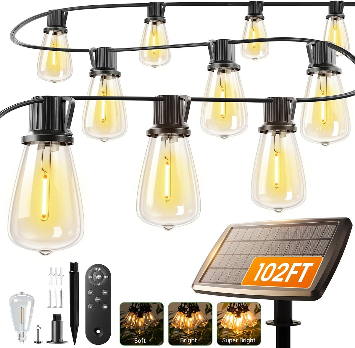 Addlon 102FT(96+6) Solar String Lights Outdoor with Remote, Last 30+ Hrs
