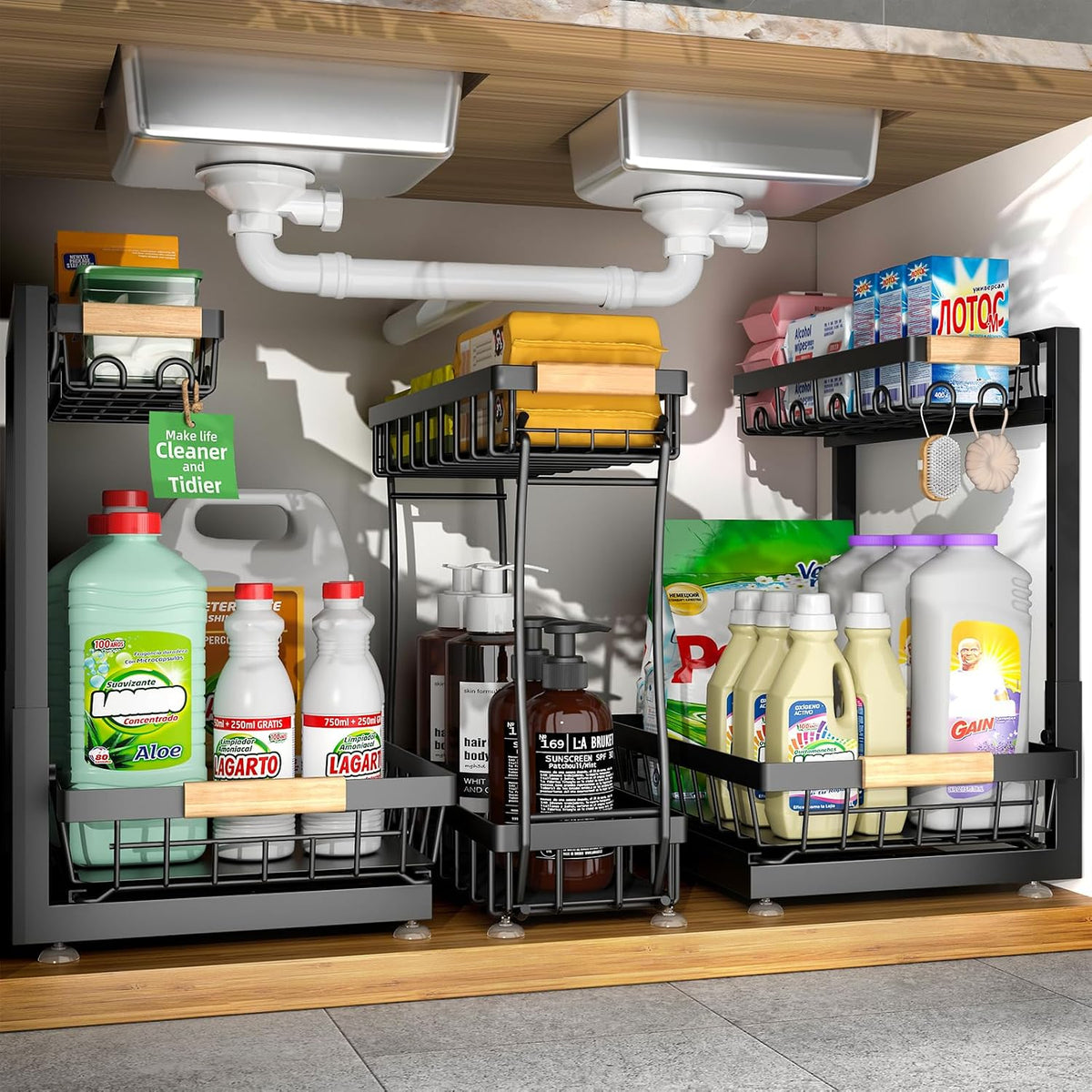 Sevenblue 3-Pack under Sink Organizer, 2-Tier Pull-Out Cabinet Organizer