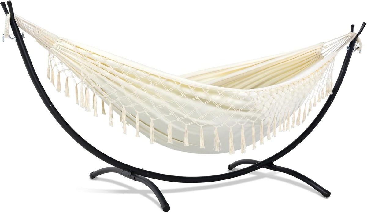 SUNCREAT Portable Outdoor Hammock with Stand Included, Double Hammock with Tassel for Outside, Beige