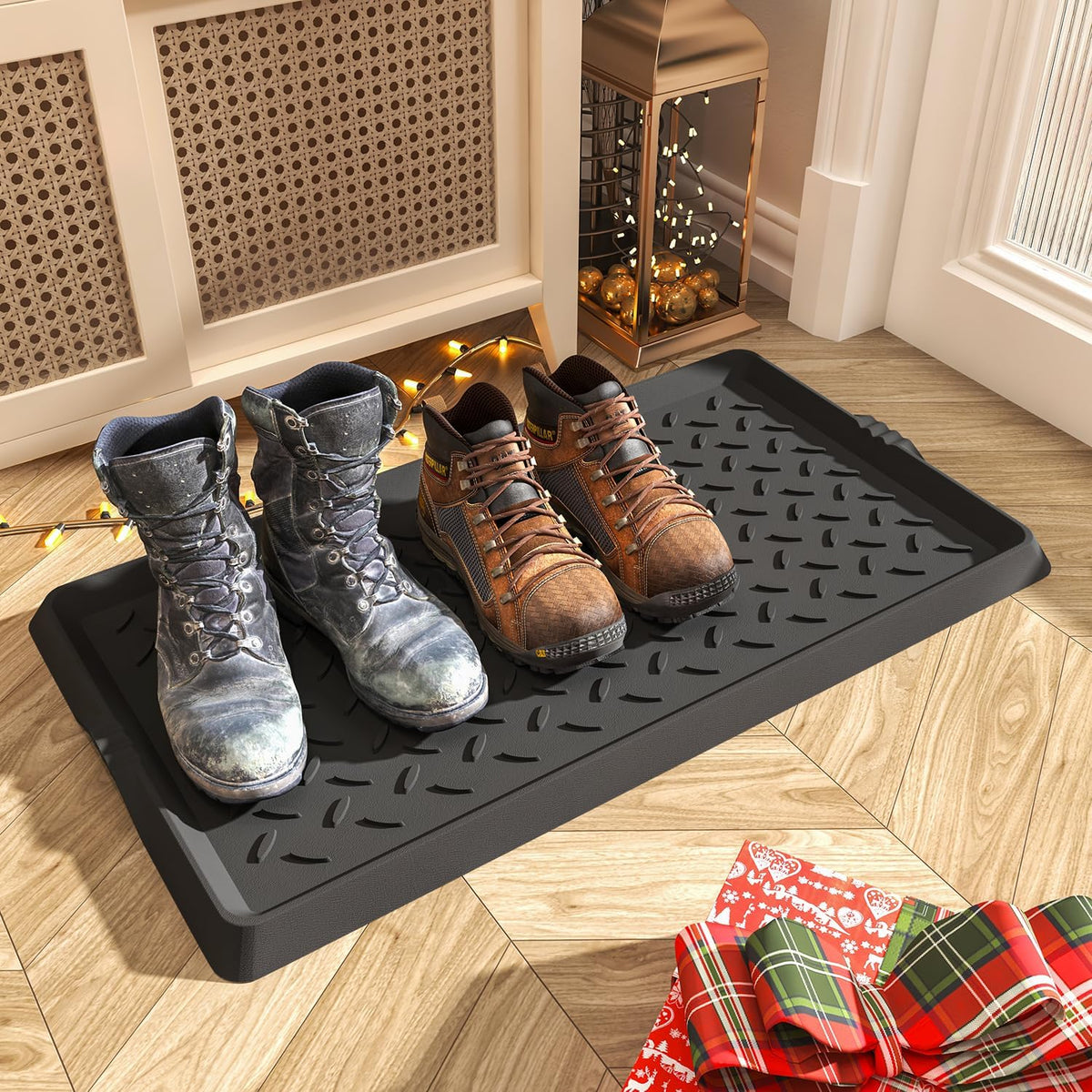 SUPENUIN 2PC Boot-Tray Heavy Duty Rubber Mat with Lip Waterproof Shoe Mat Tray for Entryway Indoor Outdoor Multi Use Catch All Trays Entryway Shoe Cleaning Boot Storage 16X27.5 Inches