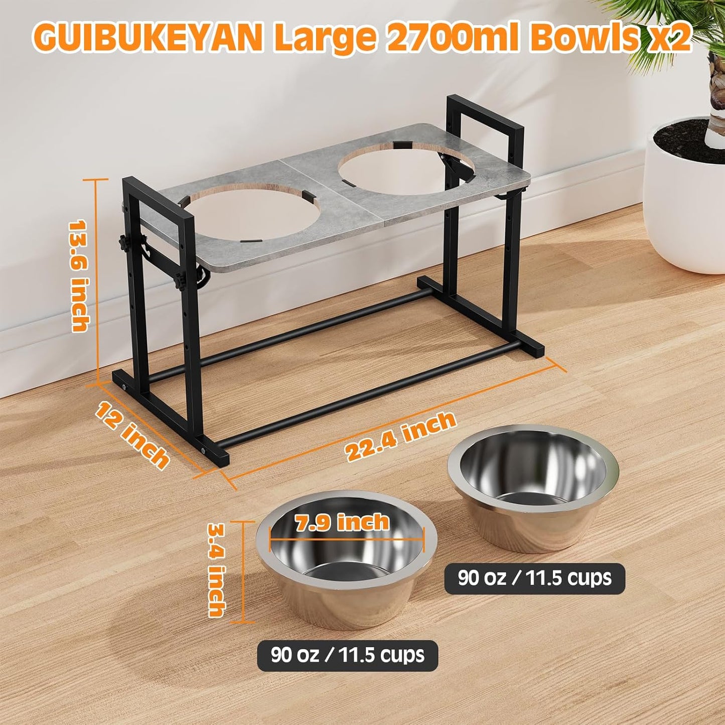 Elevated Dog Bowls for Large Dogs, 4 Height Adjustable Tilted Raised Dog Bowl Stand with 2 Stainless Steel 90 Oz Bowls, 13.6" Tall Dogs Bowl Stand Feeder for Medium & Large Breed