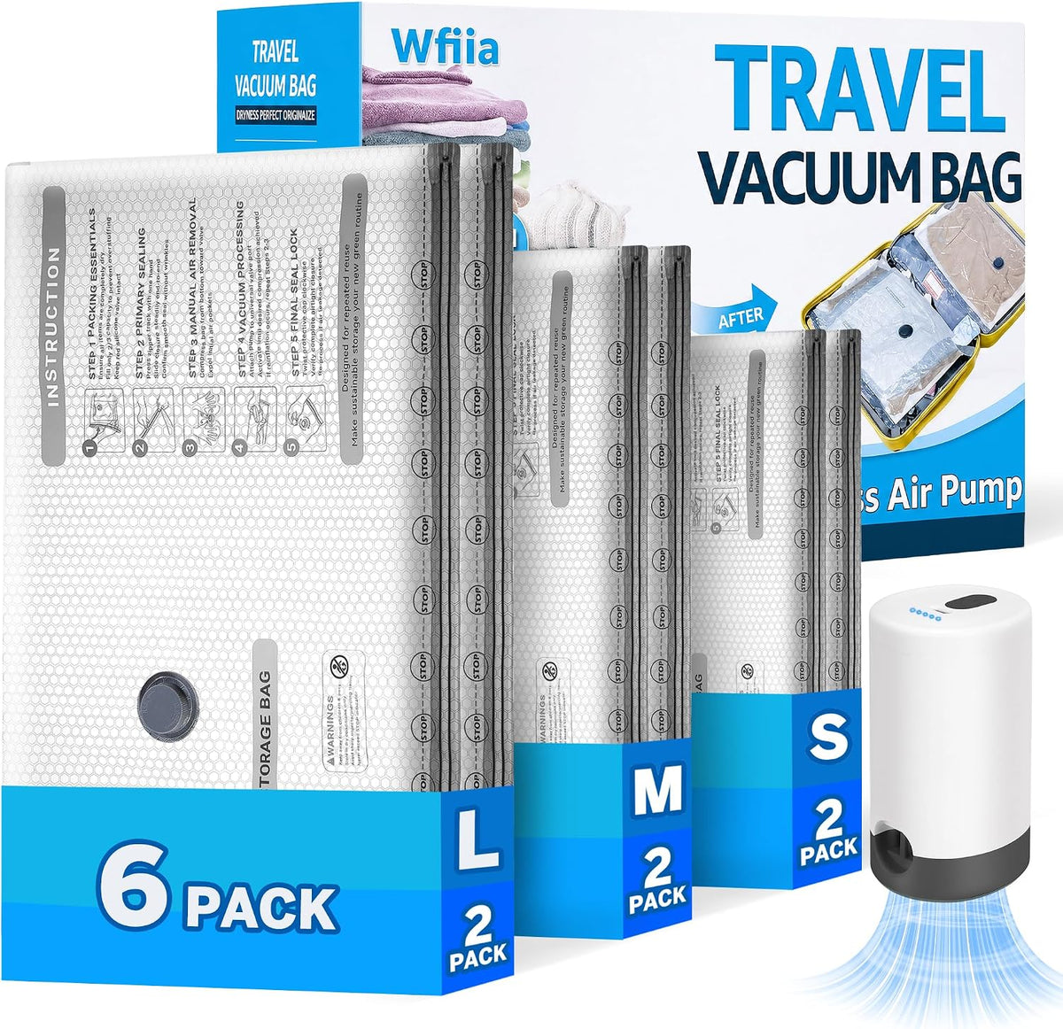 6 Packs Vacuum Bags for Travel with Rechargeable Pump, 3 Sizes Heavy Duty Vacuum Seal Bags for Clothing, Compression Vacuum Travel Bags for Luggage, Vacuum Packing Bags for Closet Organization