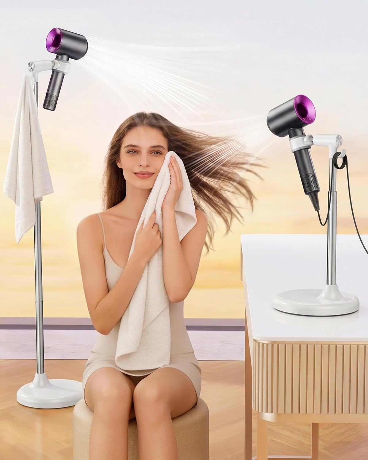 17.2" - 51" Height Adjustable Hands Free Hair Dryer Stand with Hook - White