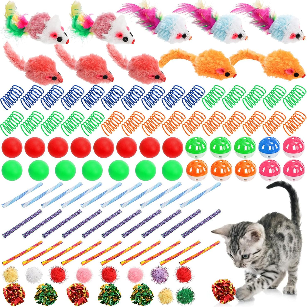 Nicunom 100 Pcs Cat Toys for Indoor Cats and Kittens - Spring, Fur Mice, Crinkle Ball, Sparkle Pom Pom Ball, Bell, Catnip Rope, Variety Cat Interactive Toy Set