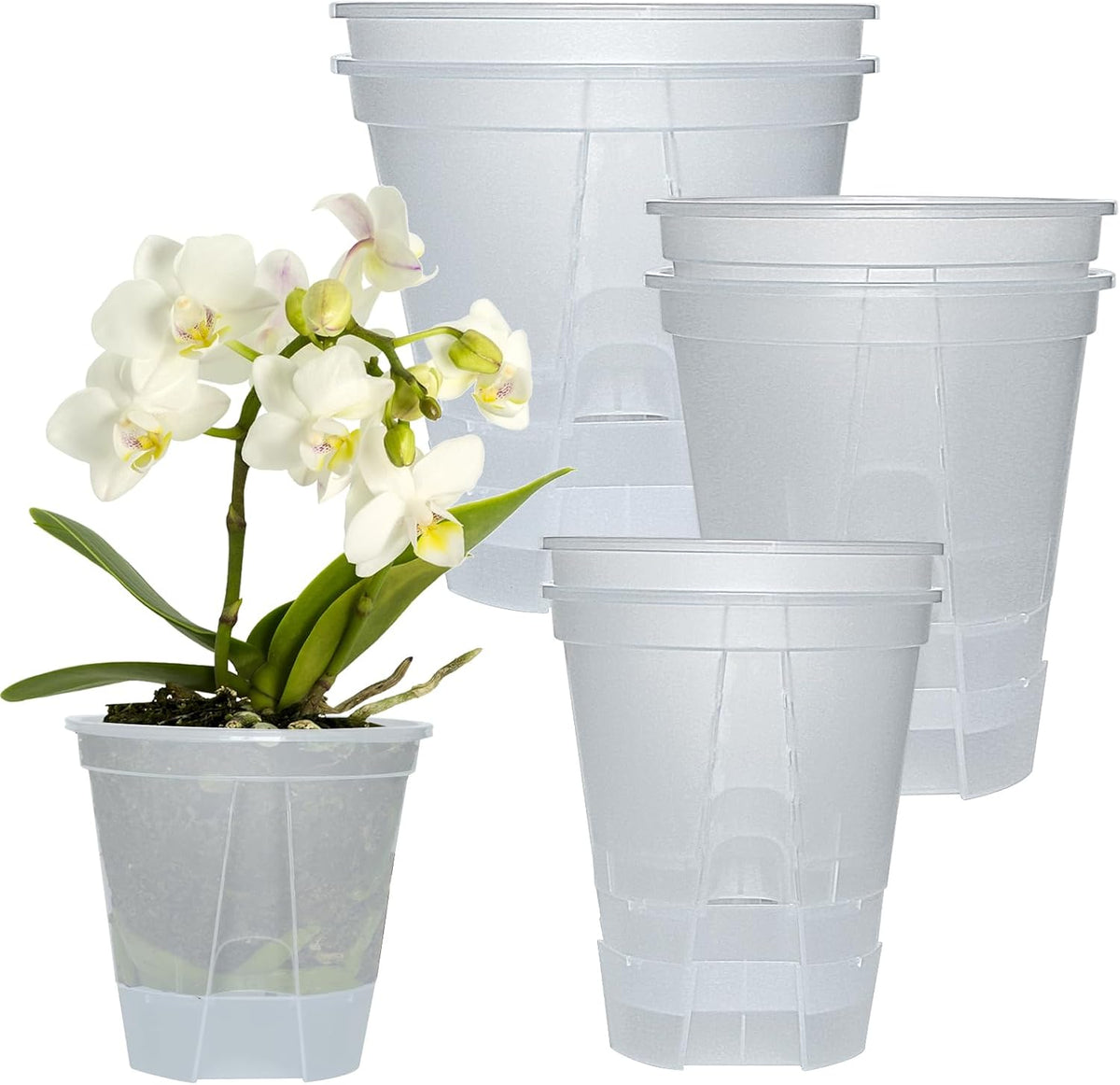 Cdd'S Path 6-Pack Bare Root Planter Self Watering Pots Set with Holes for Indoor/Outdoor Plants, 2 Each of 5, 6 and 7 Inch Planter Pot with Watering Hole/Reservoir and Air Pipes, Clear