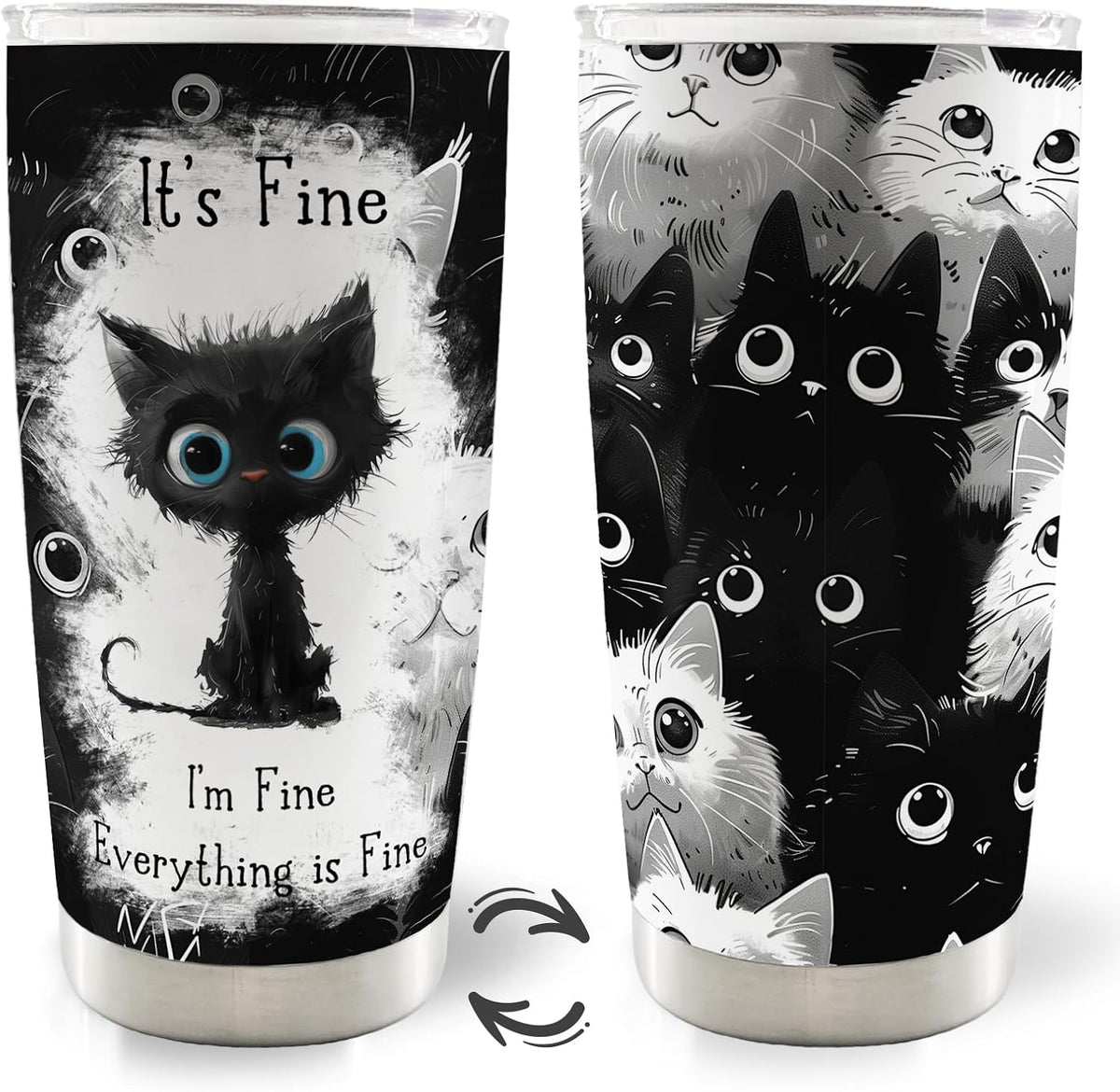 Cat Gifts for Cat Lovers, Funny Black Cats 20Oz Travel Coffee Mug Tumbler, Im Fine Everythings Fine Stainless Steel Tumbler with Lid and Straw