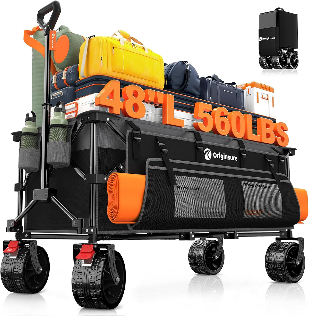 Originsure 300L Foldable Beach Wagon Cart with Big Wheels,560Lbs,Grey&Black