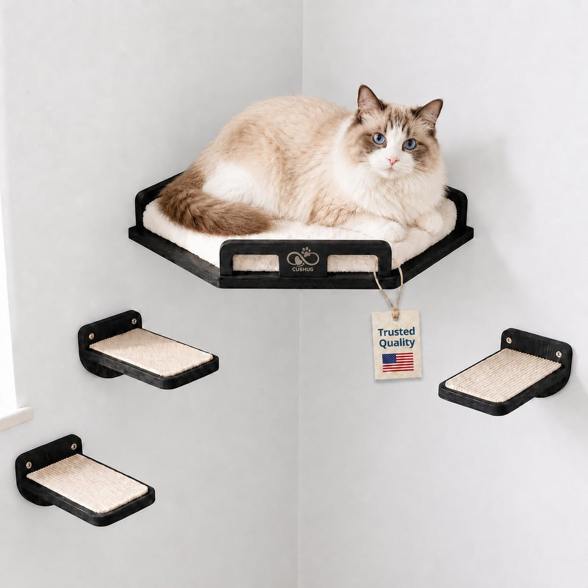 Cat Wall Shelves, Solid Wood Corner Bed, 3 Steps, up to 25 Lb, Black