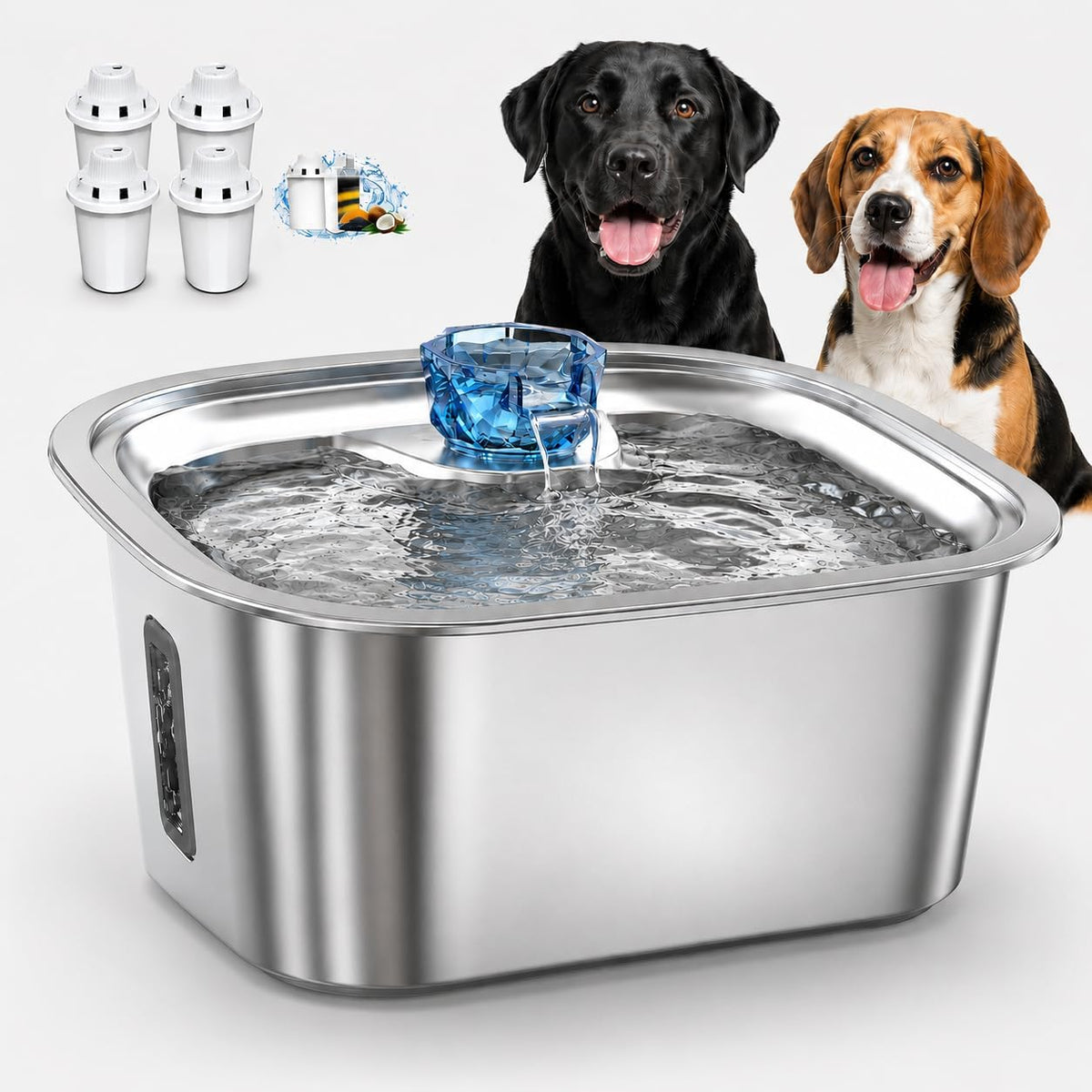 PETNF 2.4-Gallon Stainless Steel Dog Water Fountain for Large Dogs, Dog Water Bowl Dispenser with 4 Filters, Visible Water Window, Quiet Pump & LED Low-Water Indicator