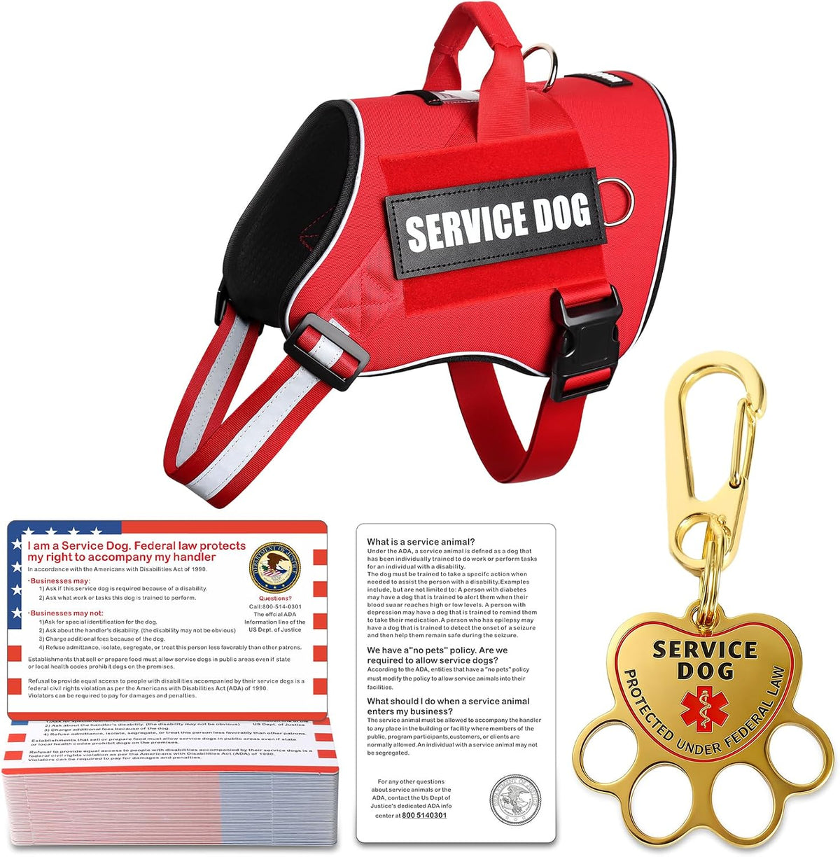 Service Dog Vest,Id Tag,50 ADA Cards,3 Metal D-Rings Red Small
