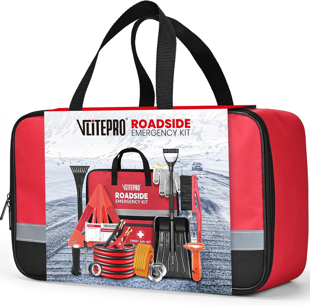 Roadside Emergency Car Kit for Vehicles, Car First Aid Kit Emergency Kit with Jumper Cables, Snow Shovel, Tow Strap, Car Safety Kits, Road Trip Assistance for Men, Women, New Driver Gifts